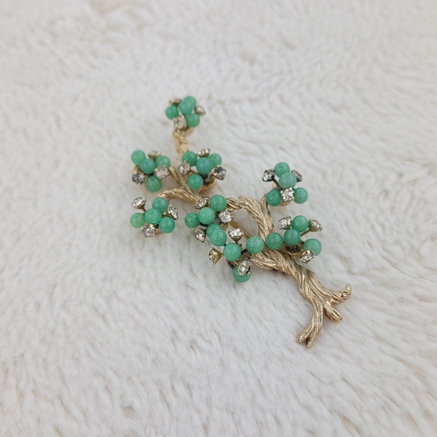 1950's Green Bead and Clear Rhinestone Tree of Life Pin