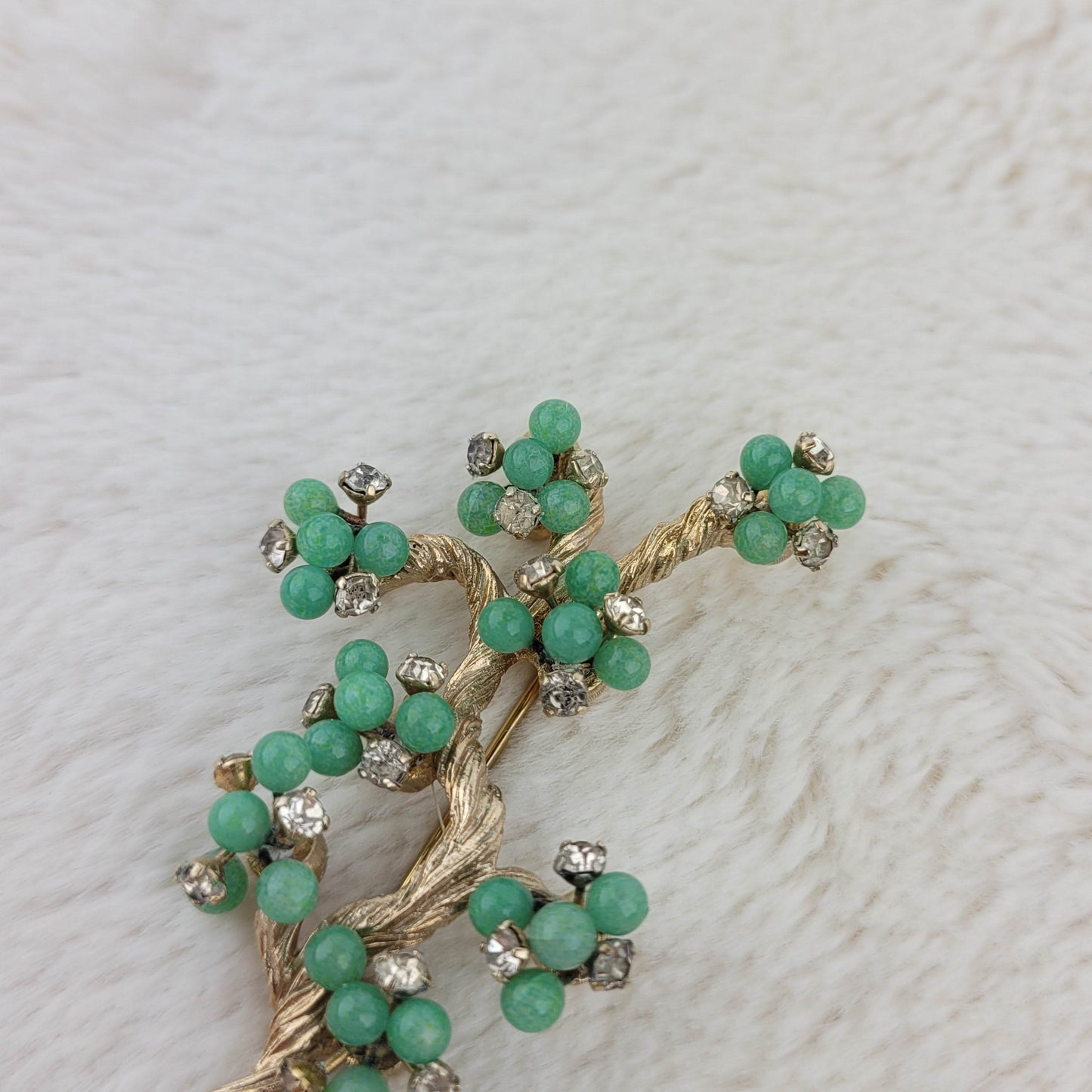 1950's Green Bead and Clear Rhinestone Tree of Life Pin