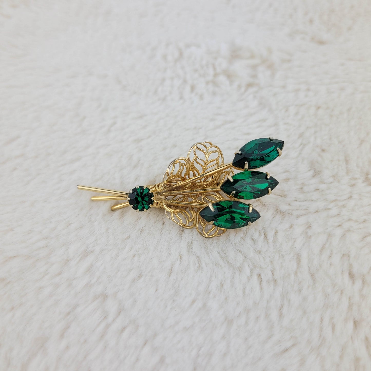 1960's Gold Tone and Green Rhinestone Spray Pin