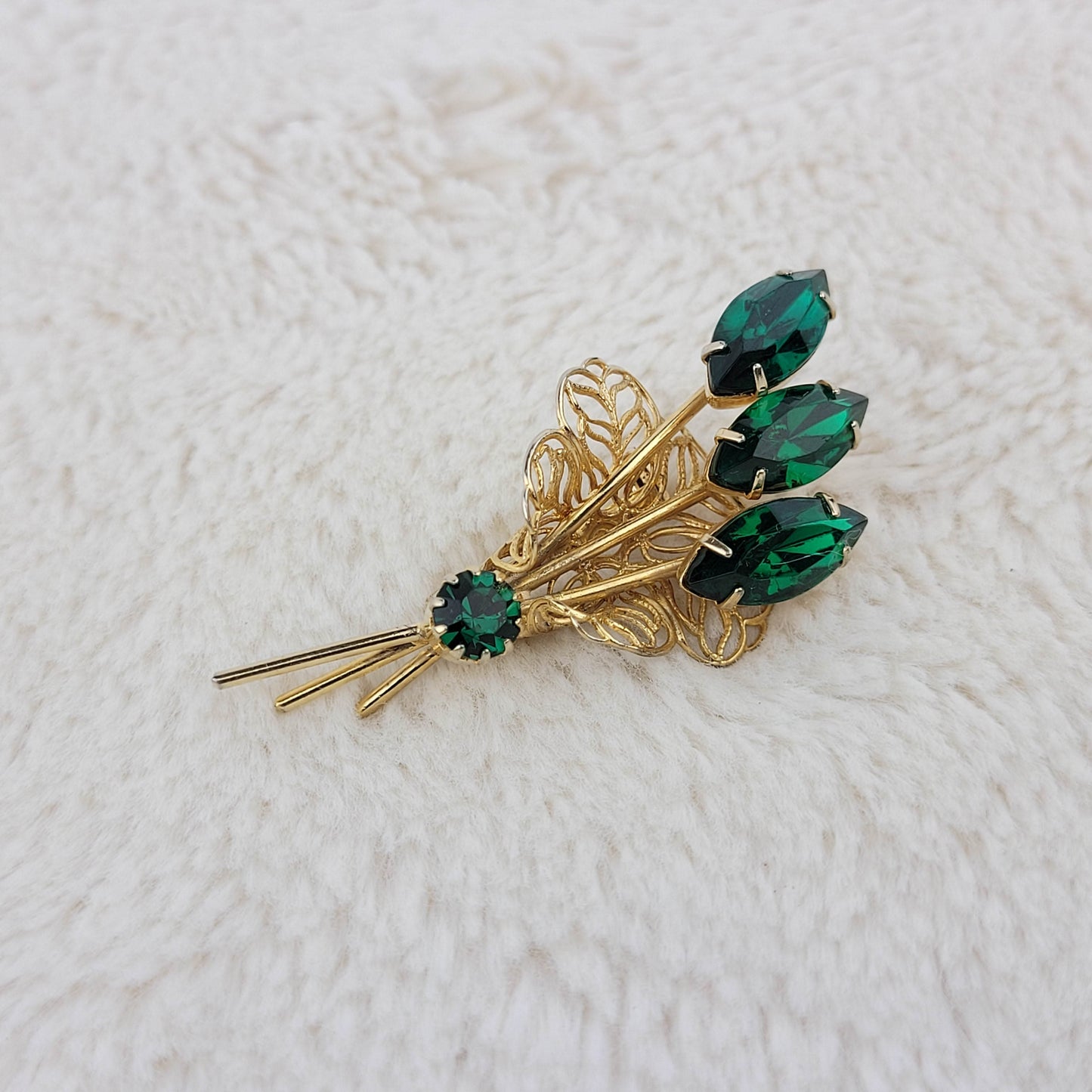 1960's Gold Tone and Green Rhinestone Spray Pin