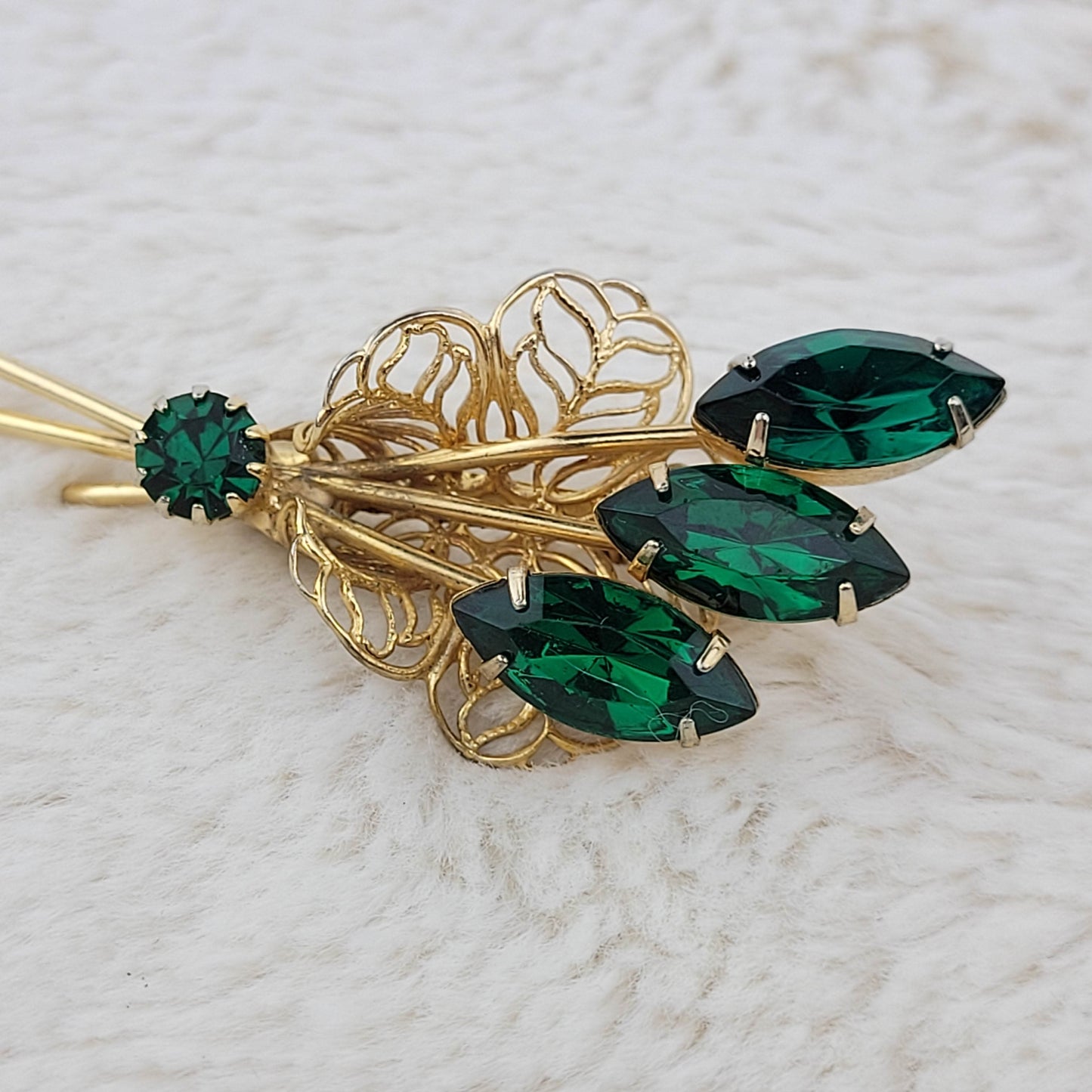 1960's Gold Tone and Green Rhinestone Spray Pin