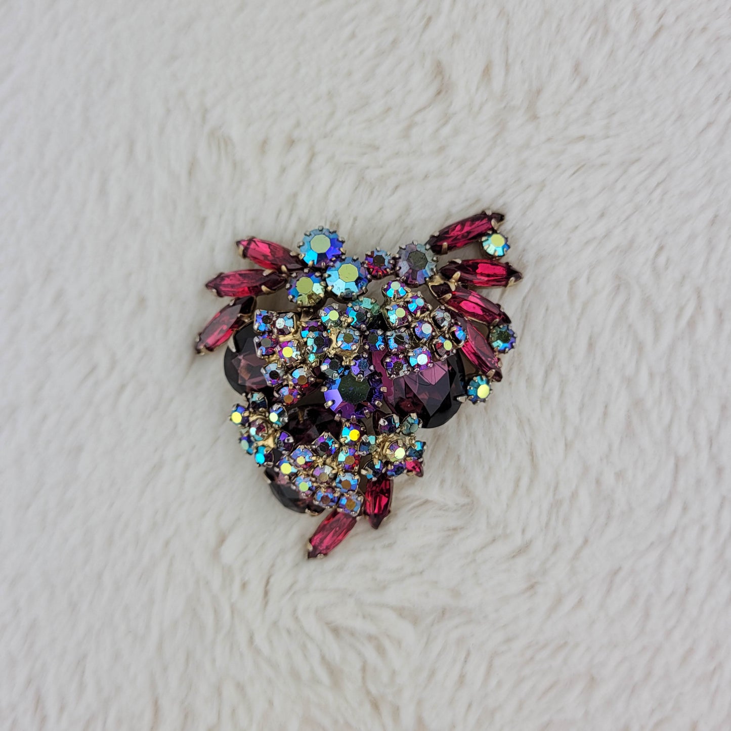 1950's Red Rhinestone and Aurora Borealis Cluster Pin