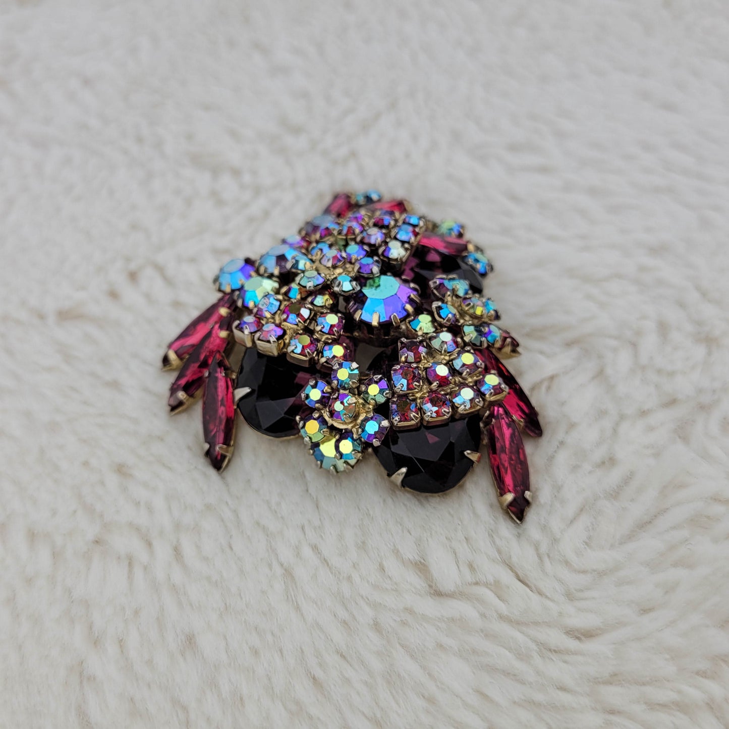 1950's Red Rhinestone and Aurora Borealis Cluster Pin