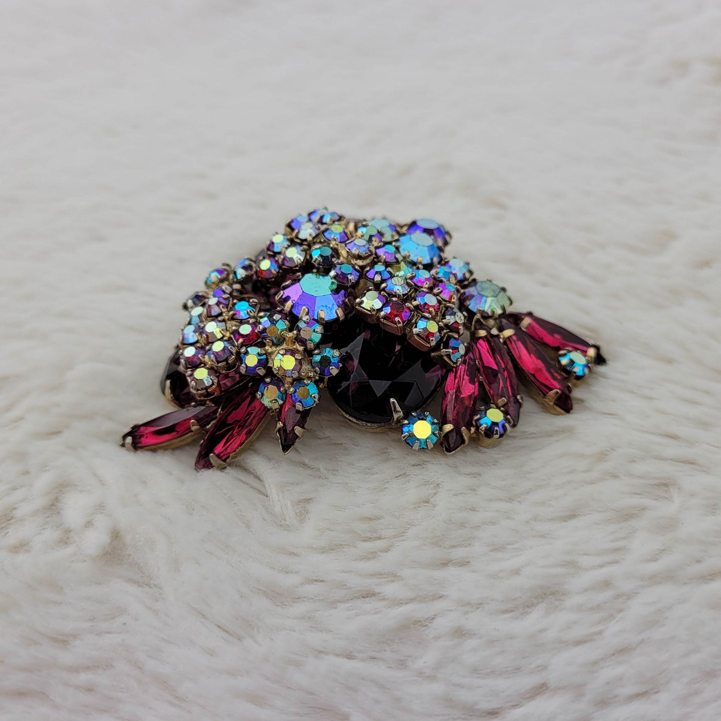 1950's Red Rhinestone and Aurora Borealis Cluster Pin