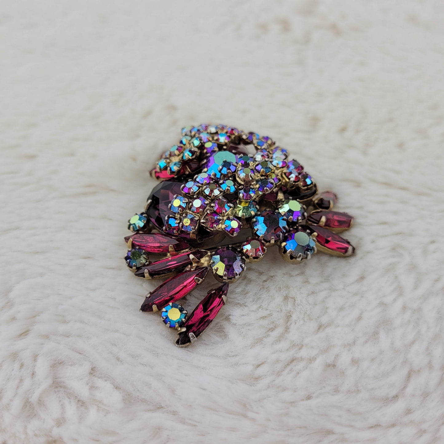 1950's Red Rhinestone and Aurora Borealis Cluster Pin