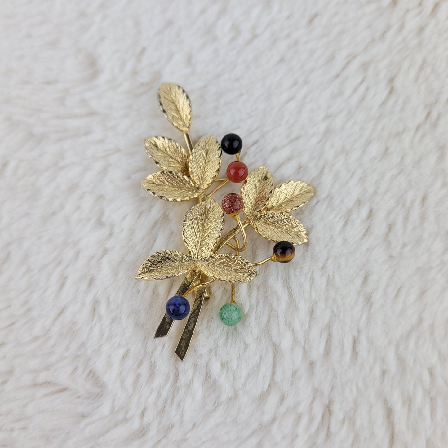 1970's Gold Metal Tone Leaves Pin with Multi-colored Beads