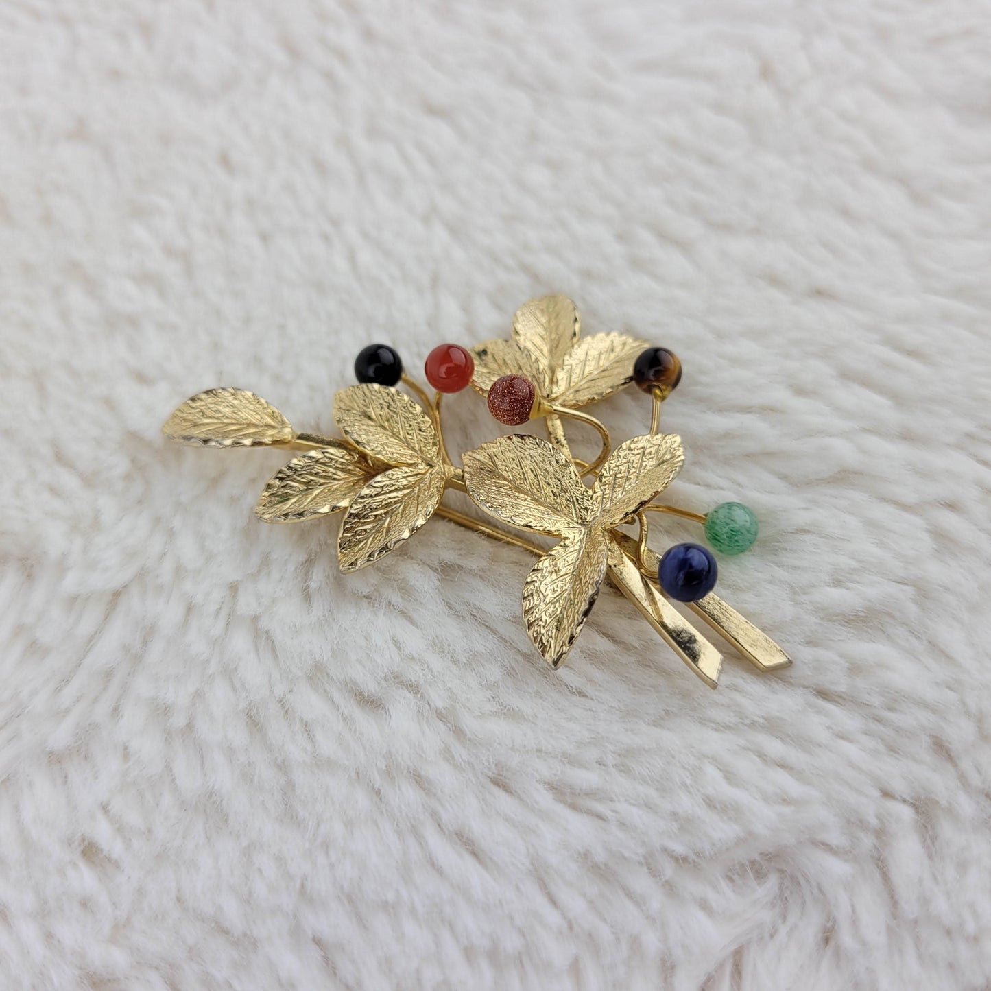 1970's Gold Metal Tone Leaves Pin with Multi-colored Beads