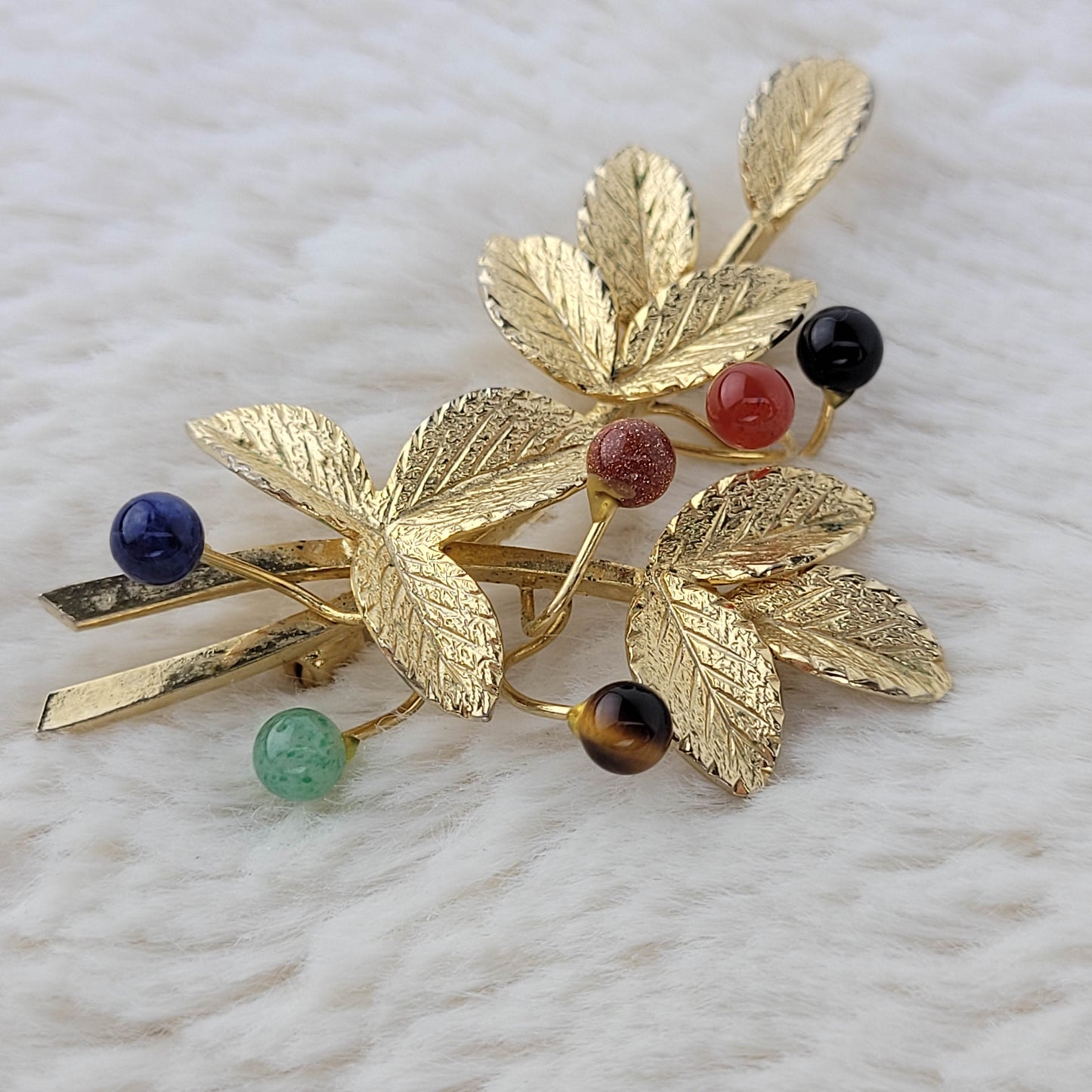 1970's Gold Metal Tone Leaves Pin with Multi-colored Beads