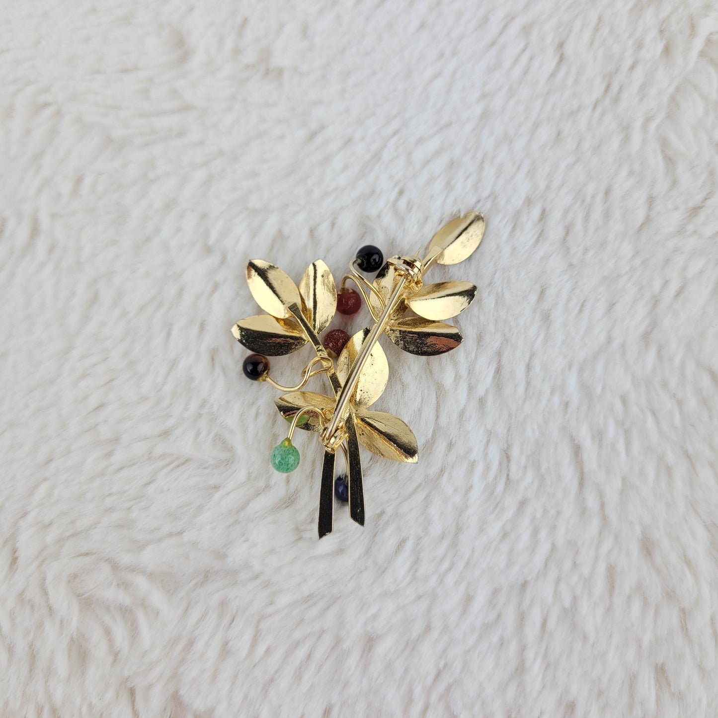 1970's Gold Metal Tone Leaves Pin with Multi-colored Beads