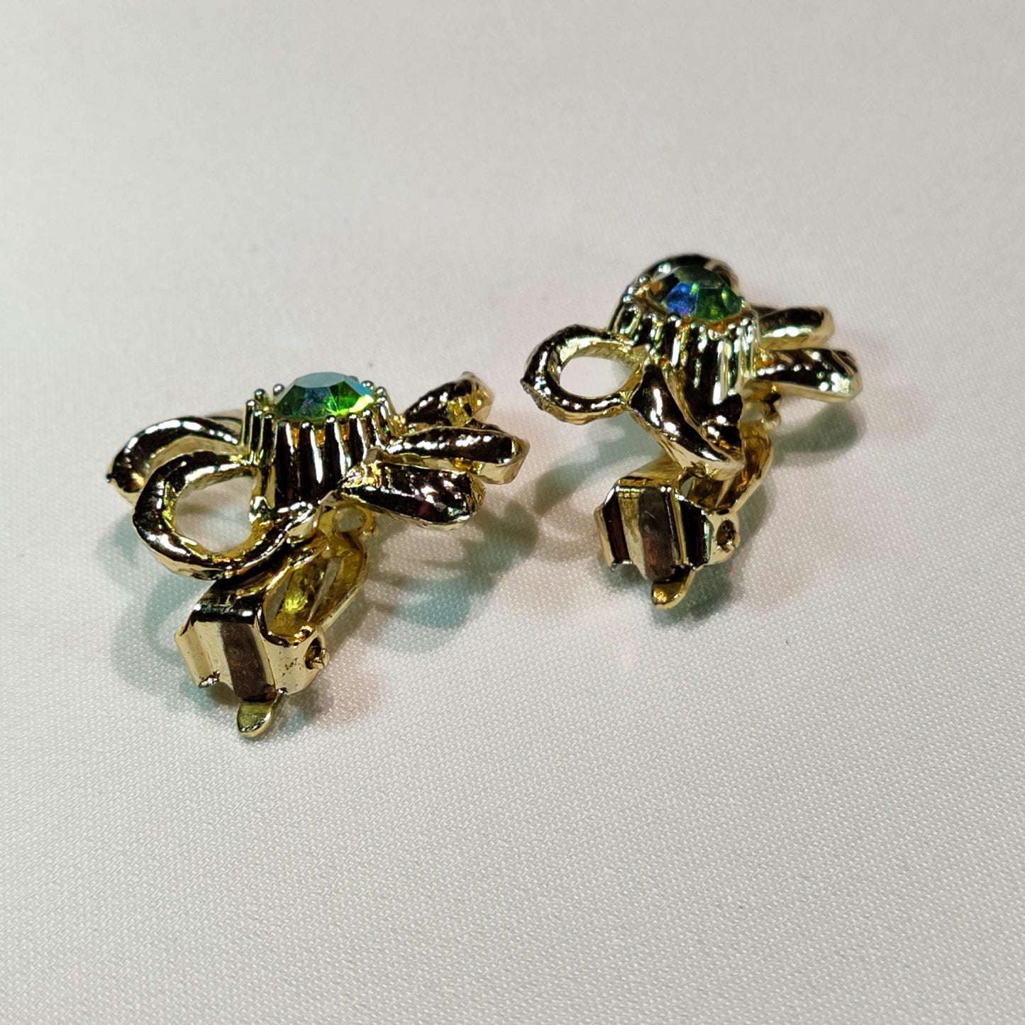 1960's Gold Tone Metal and Aurora Borealis Bow Tie Earrings