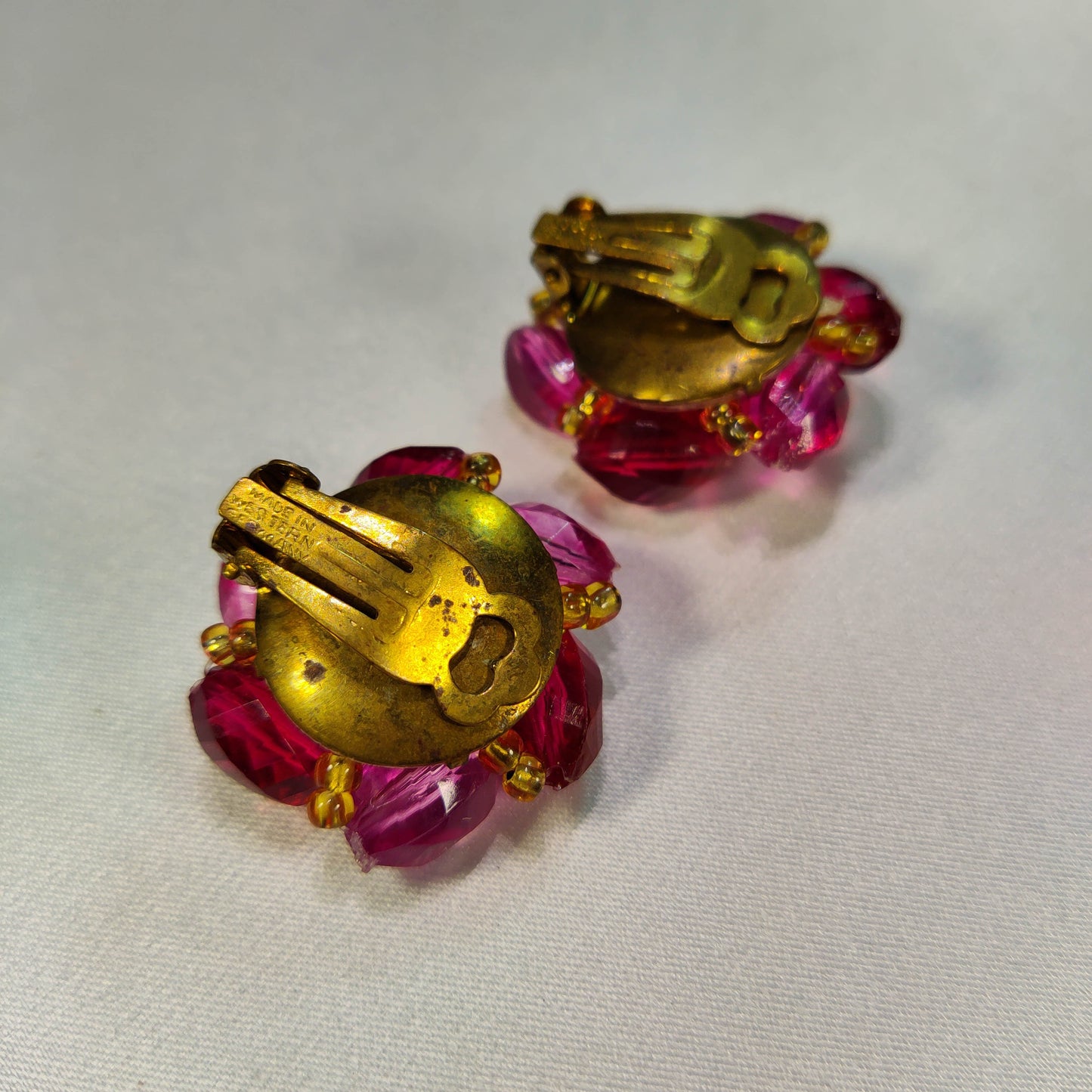 1950's Plumb and Purple Glass Bead Wired Cluster Clip Earrings from West Germany