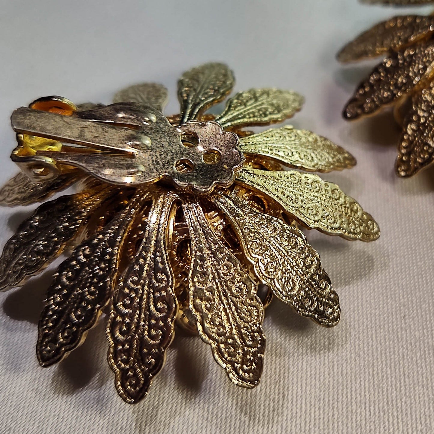 1960's Gold Tone Filigree Flower Clip Earrings with an Aurora Borealis Center