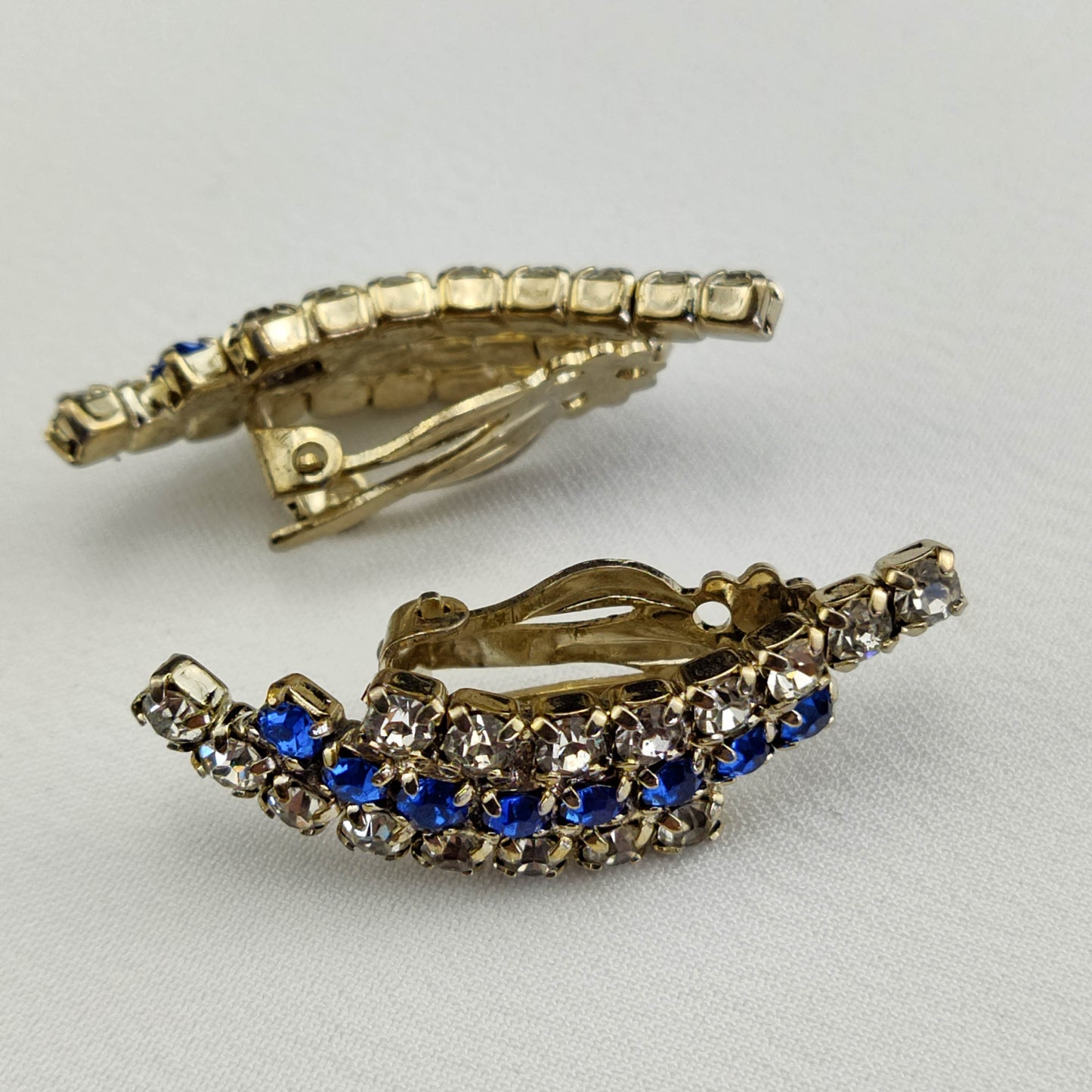 1950's Clear and Blue Rhinestone Clip Earrings