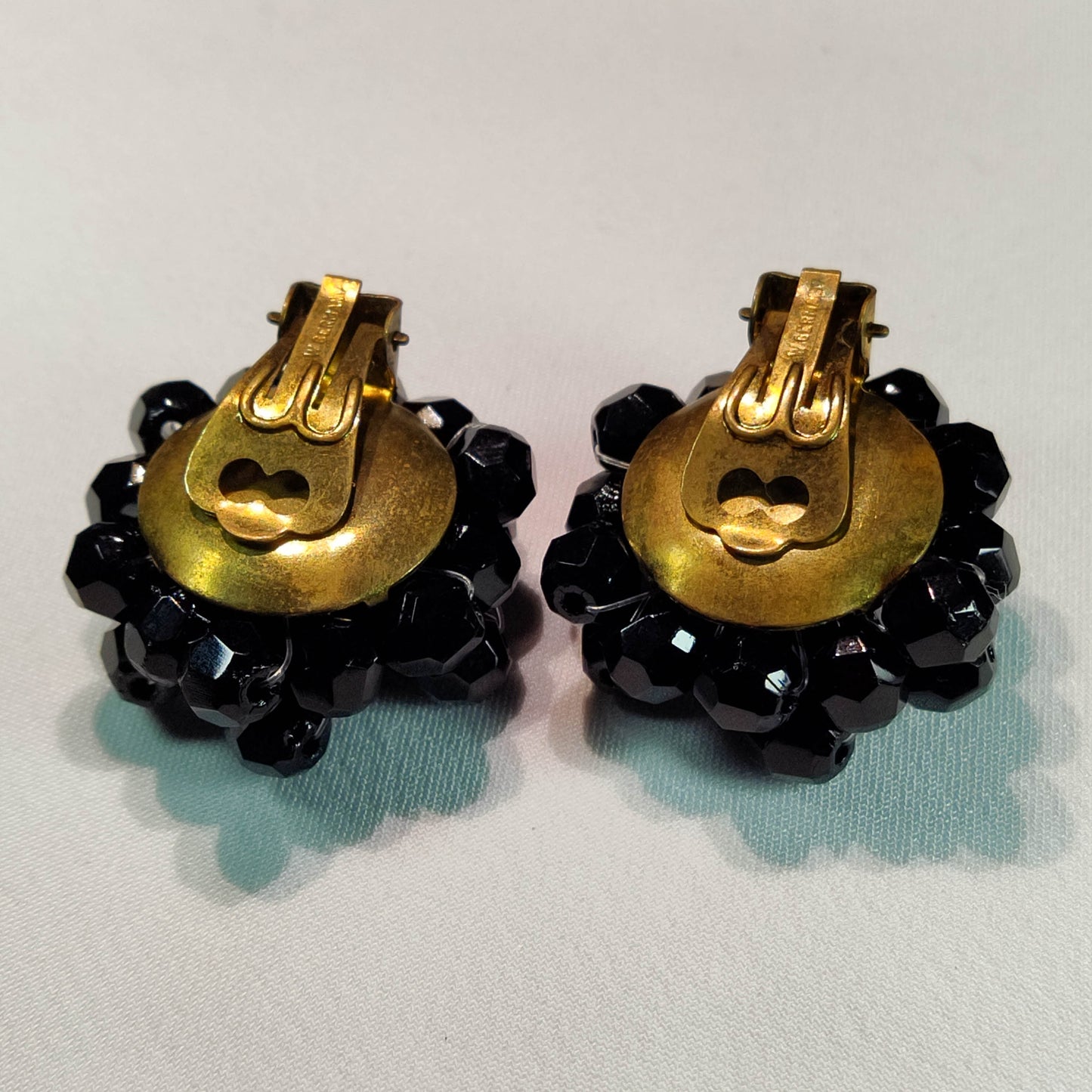 1950's Black Glass Bead Cluster Clip Earrings from West Germany