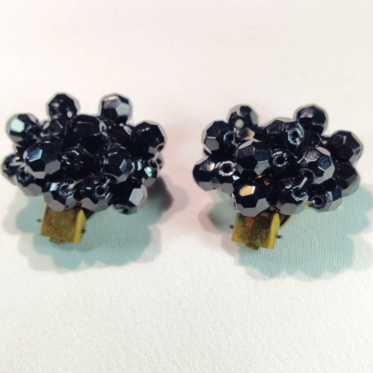 1950's Black Glass Bead Cluster Clip Earrings from West Germany