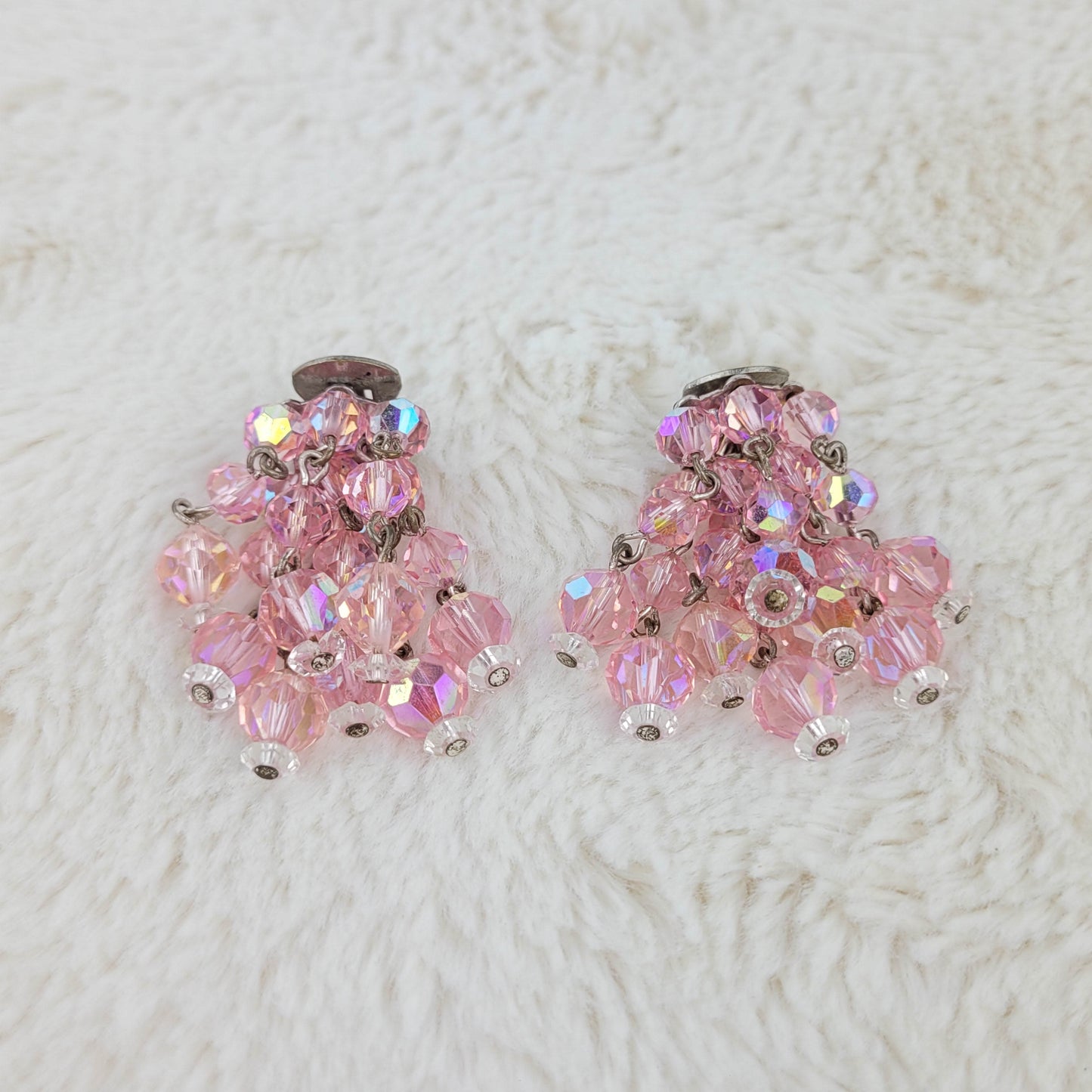 1950's Pink Borealis Loose Cluster Clip Earrings by Laguna