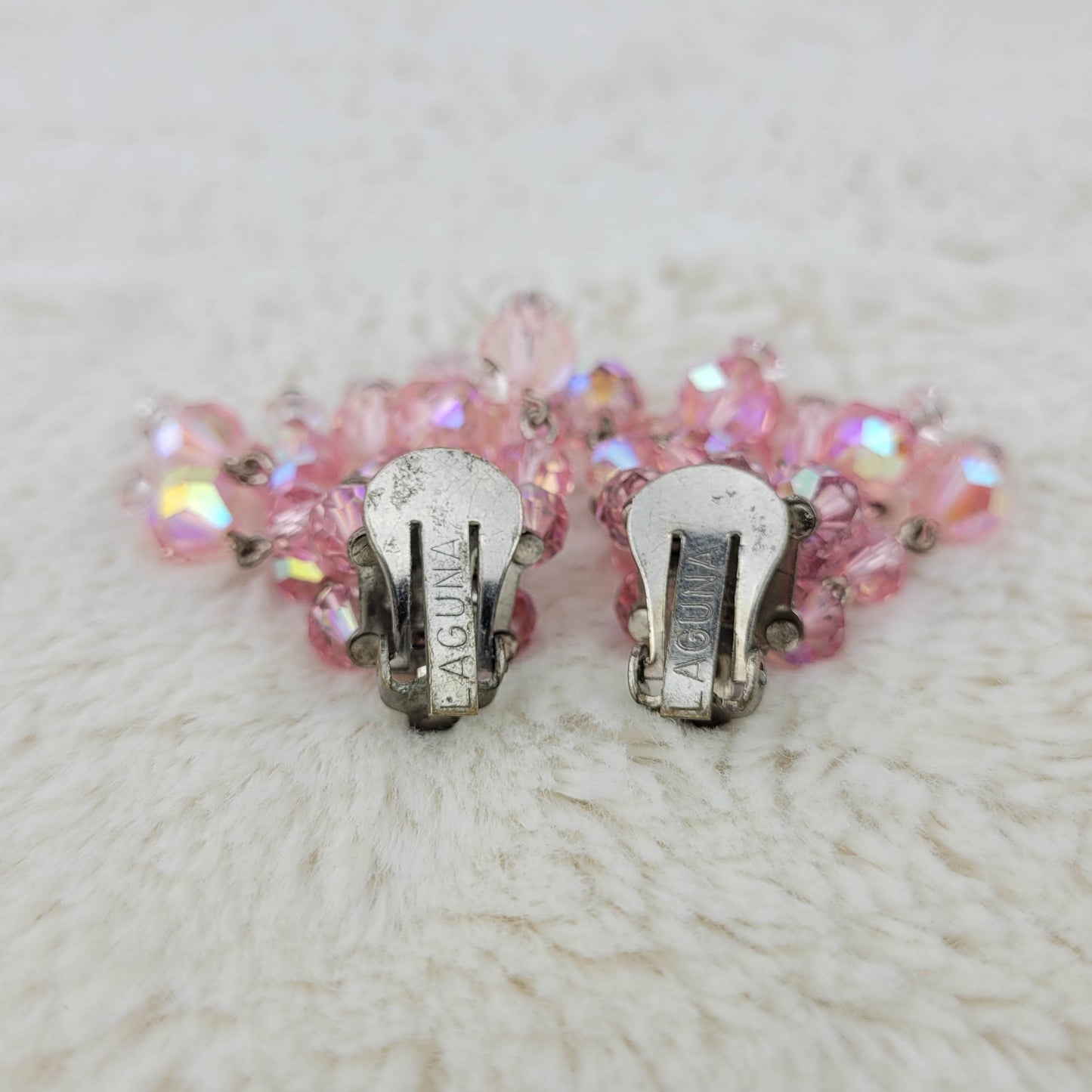 1950's Pink Borealis Loose Cluster Clip Earrings by Laguna