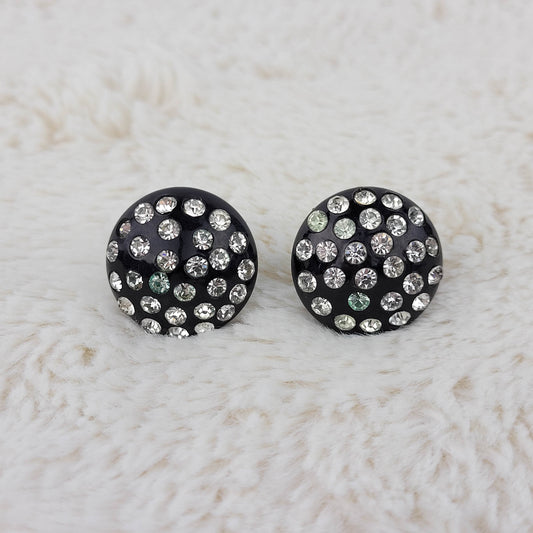 1940's Black Circle Dome Rhinestone Screwback Earrings