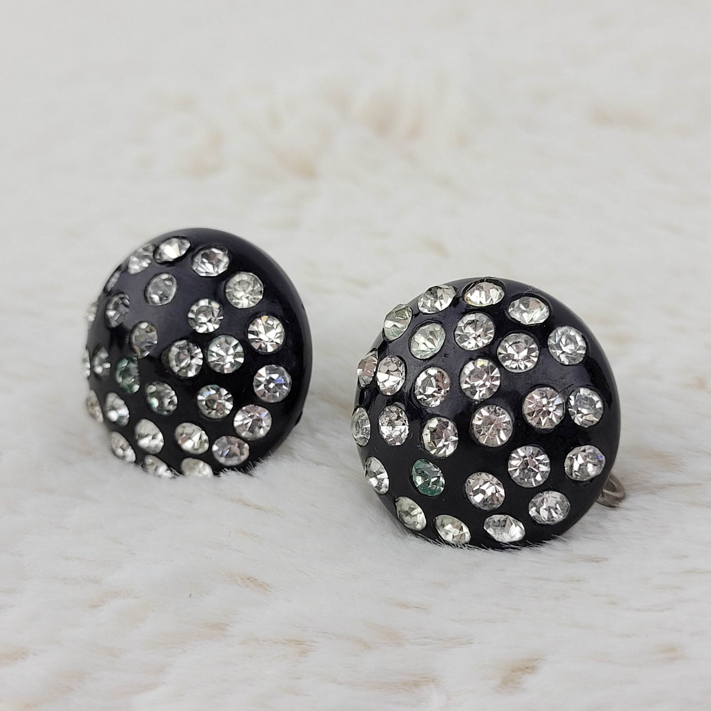 1940's Black Circle Dome Rhinestone Screwback Earrings