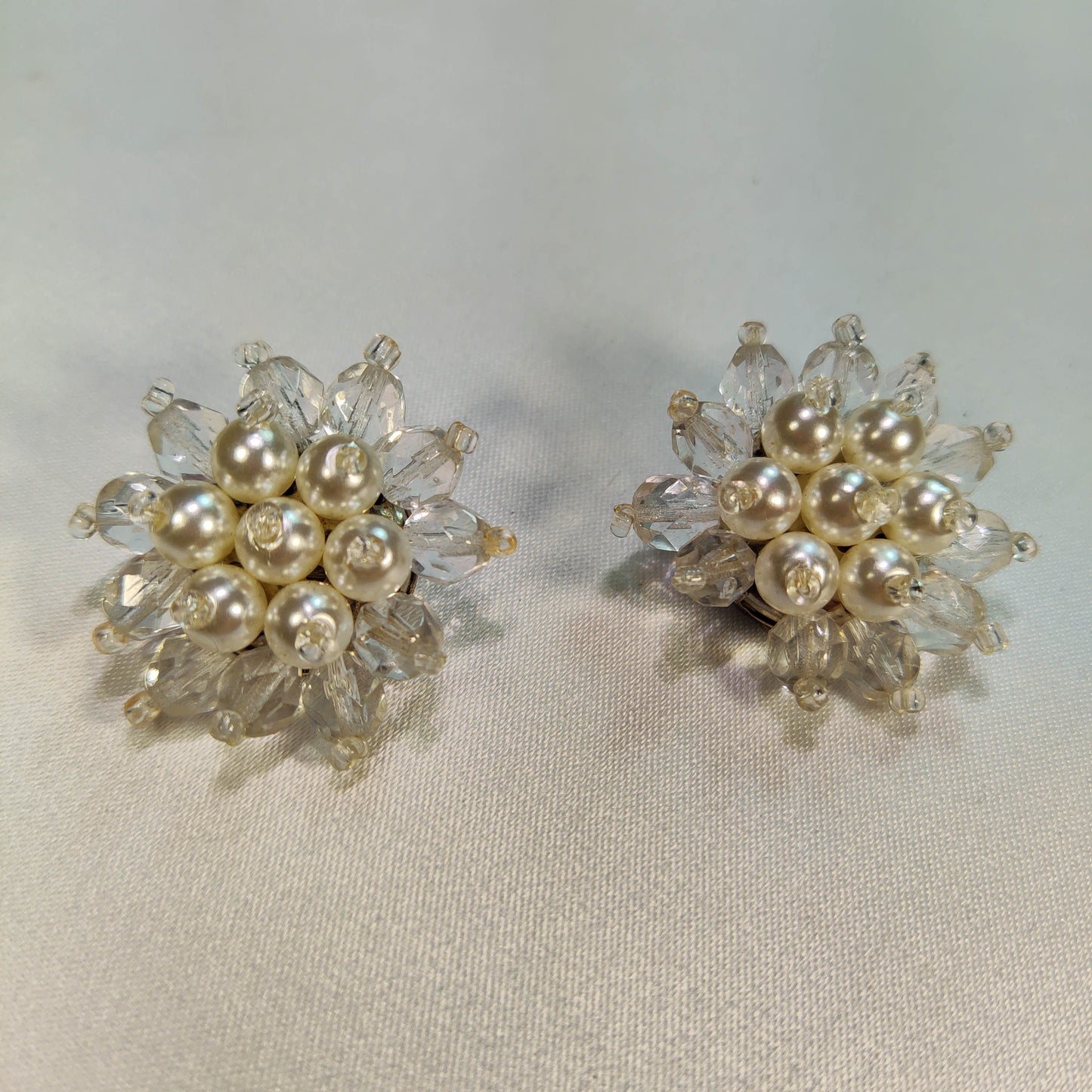 1950's Pearl Bead and Clear Bead Cluster Clip Earrings