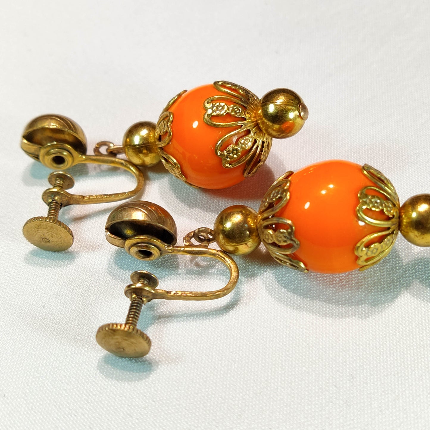 1960's Orange Bead Dangle Screwback Earrings