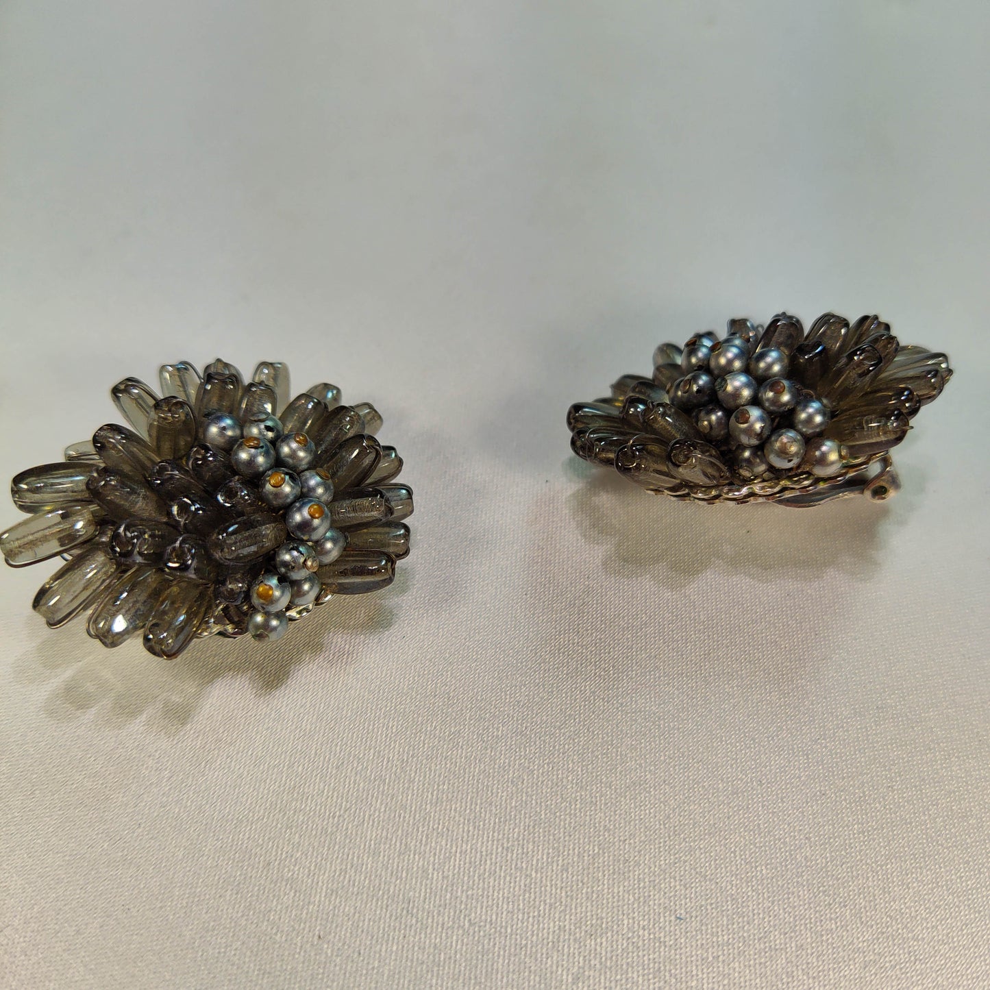 1950's Gray, Clear and Black Bead Cluster Clip Earrings