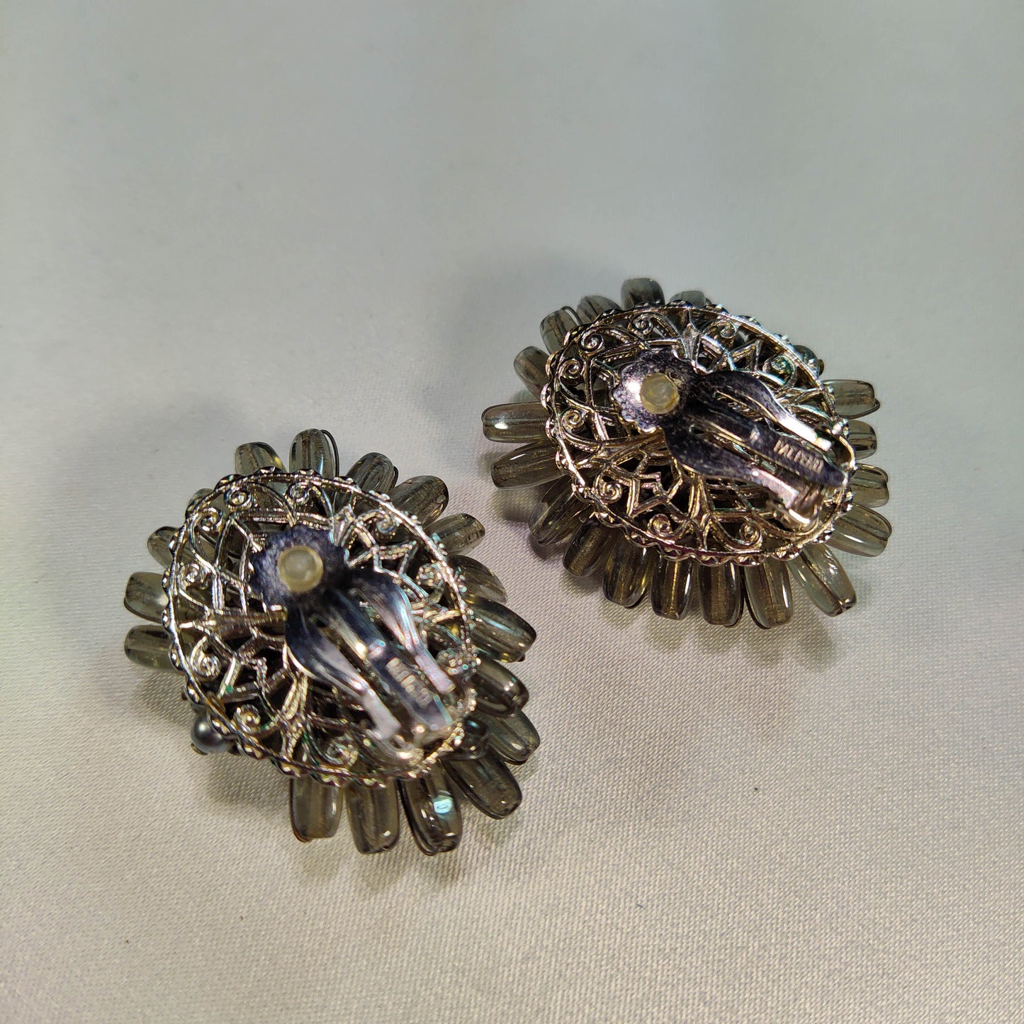 1950's Gray, Clear and Black Bead Cluster Clip Earrings