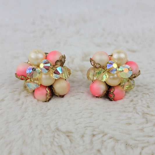 1950's Pink Bead and Aurora Borealis Crystal Hand Wired Clip Earrings