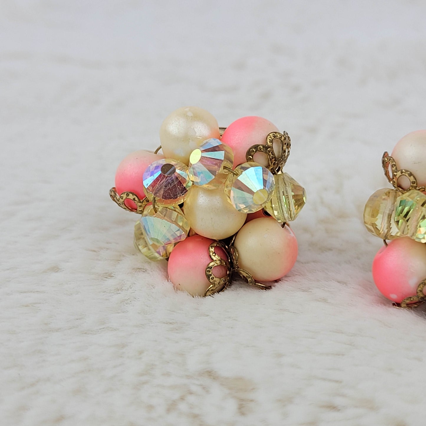 1950's Pink Bead and Aurora Borealis Crystal Hand Wired Clip Earrings