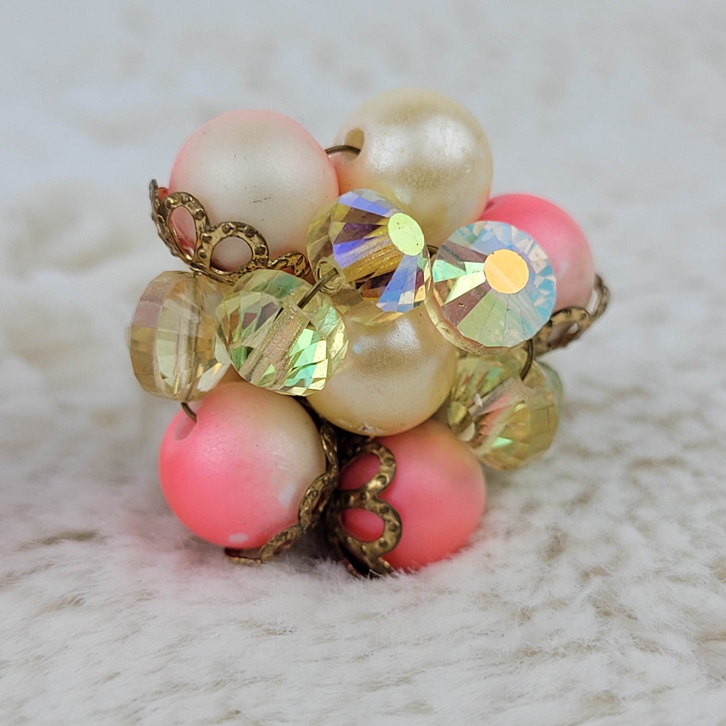 1950's Pink Bead and Aurora Borealis Crystal Hand Wired Clip Earrings