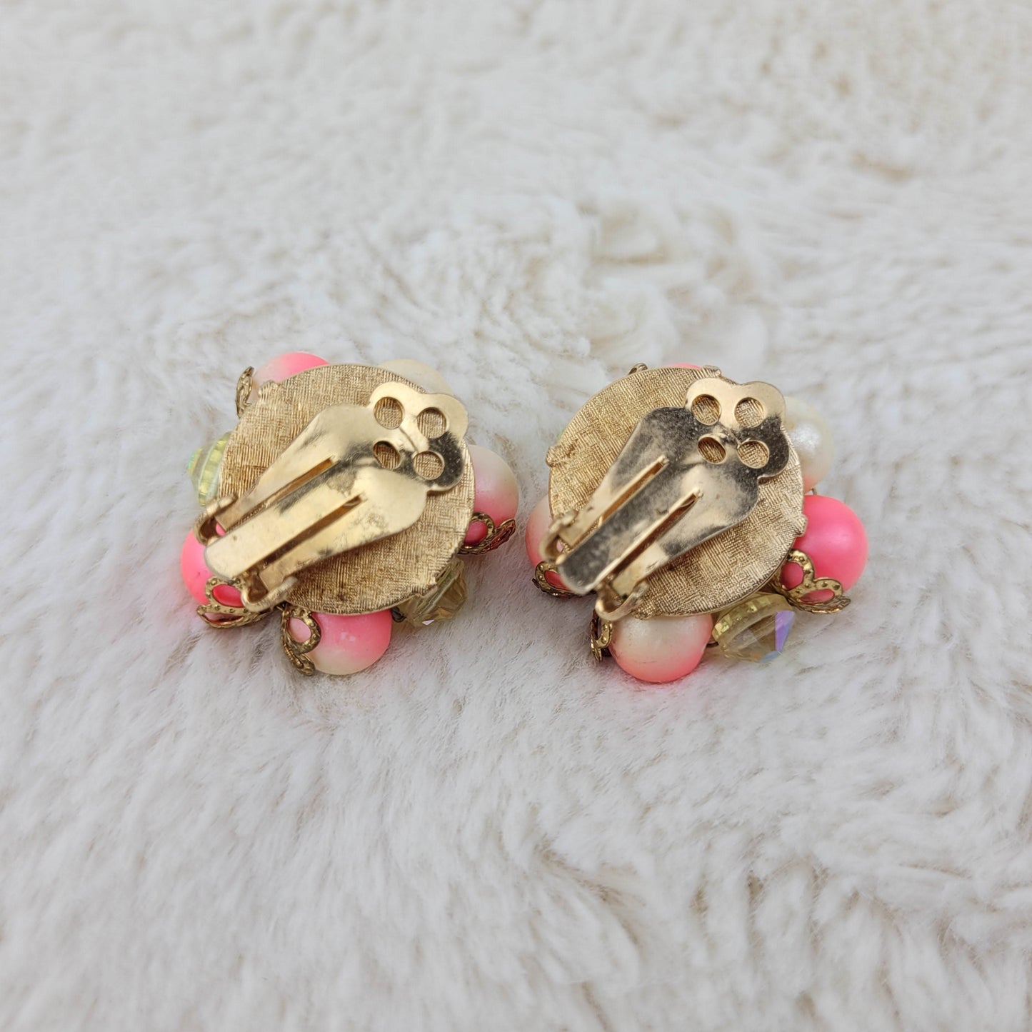 1950's Pink Bead and Aurora Borealis Crystal Hand Wired Clip Earrings