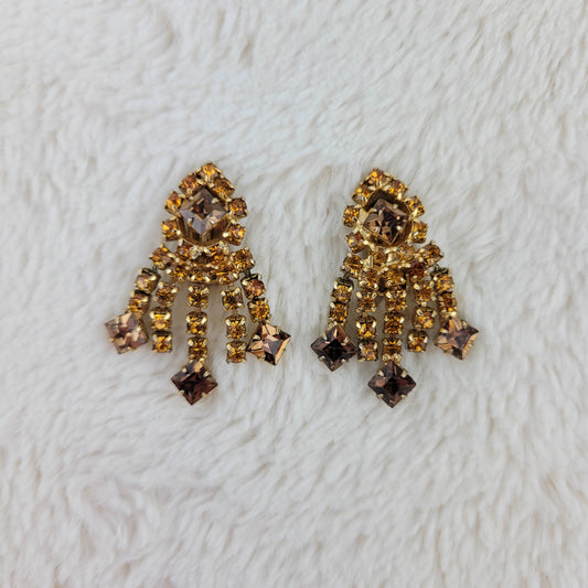 1950's Amber and Brown Rhinestone Dangle Clip Earrings by Gale