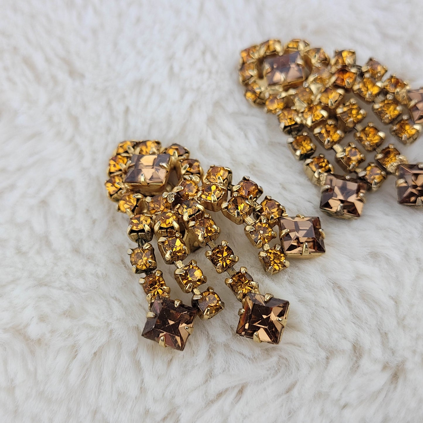 1950's Amber and Brown Rhinestone Dangle Clip Earrings by Gale