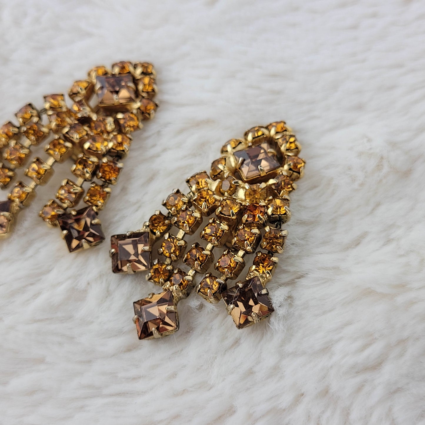 1950's Amber and Brown Rhinestone Dangle Clip Earrings by Gale