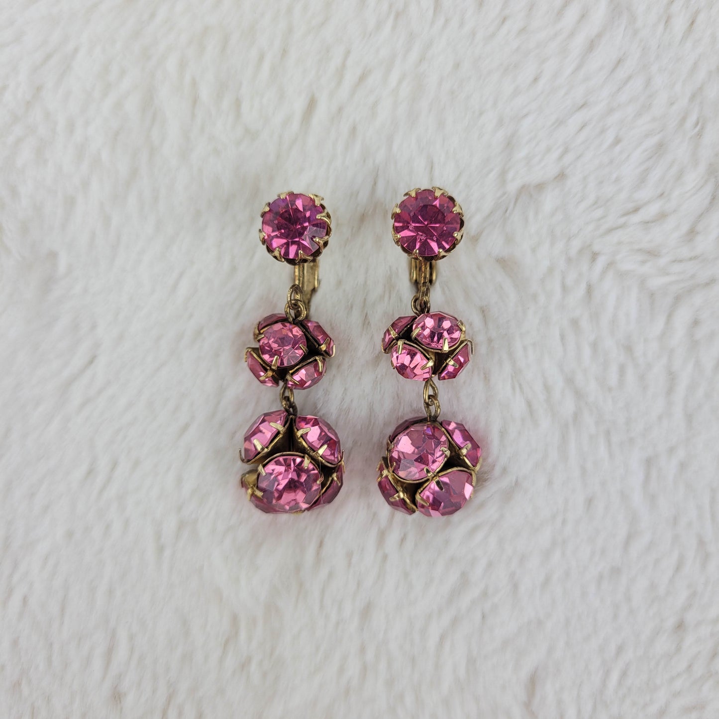 1950's Pink Rhinestone Ball Dangle Clip Earrings