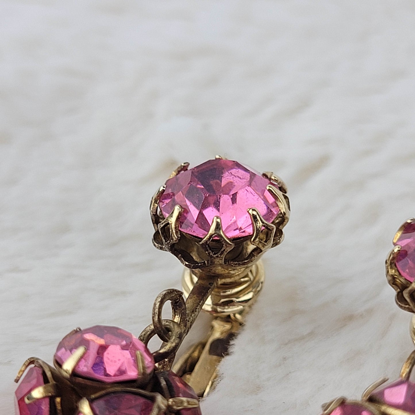 1950's Pink Rhinestone Ball Dangle Clip Earrings