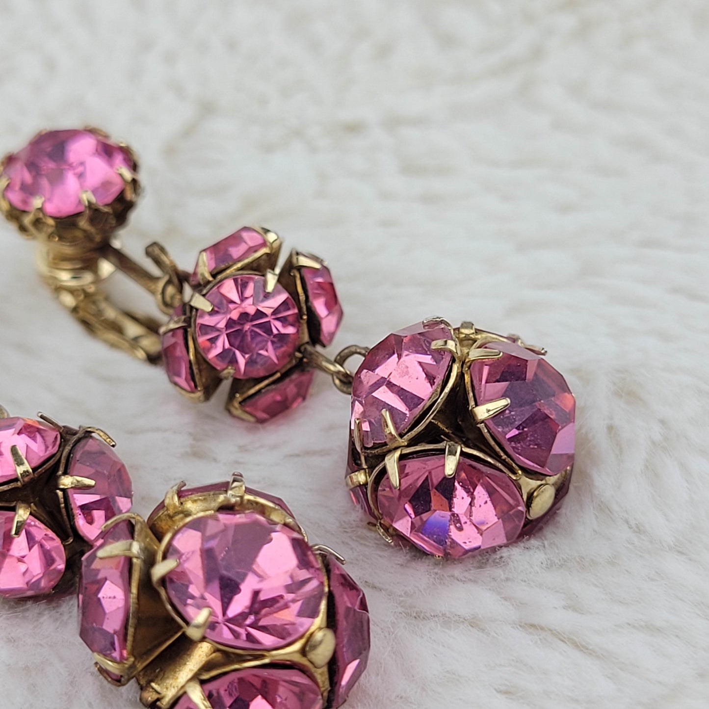 1950's Pink Rhinestone Ball Dangle Clip Earrings