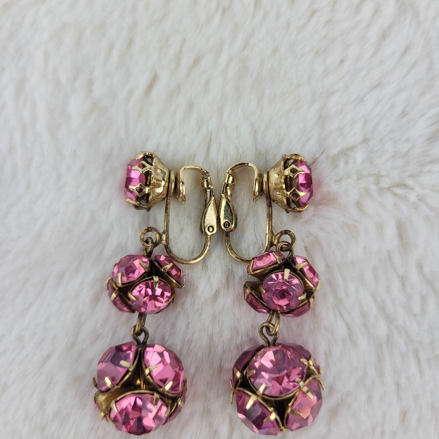 1950's Pink Rhinestone Ball Dangle Clip Earrings