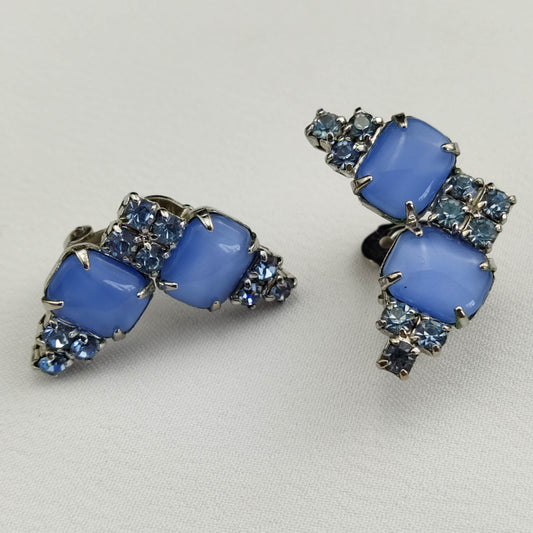 1950's Light Blue Rhinestone and Deep Blue Moonstone Clip Earrings