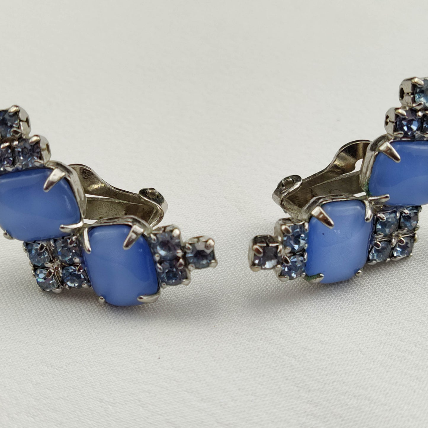 1950's Light Blue Rhinestone and Deep Blue Moonstone Clip Earrings