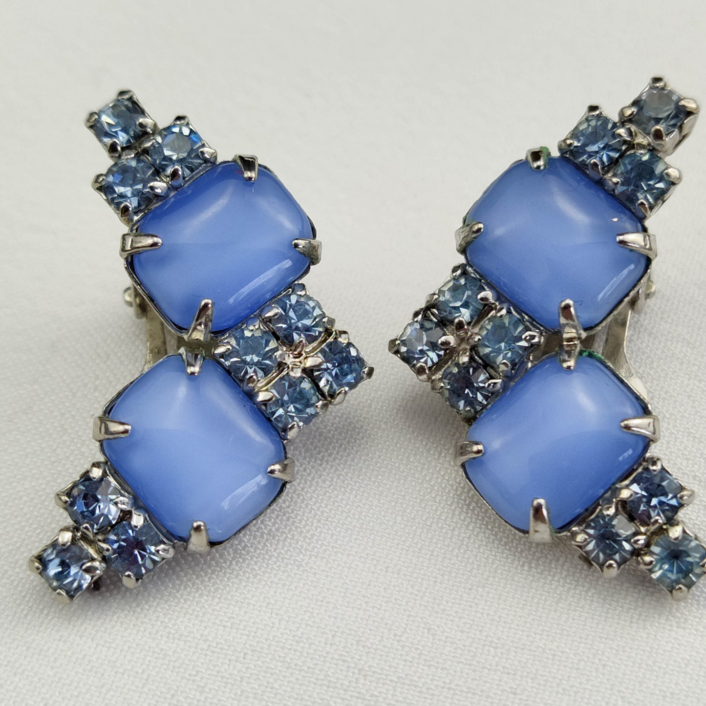 1950's Light Blue Rhinestone and Deep Blue Moonstone Clip Earrings