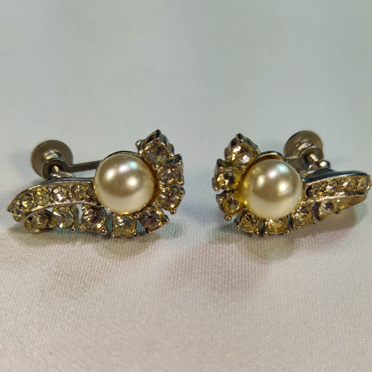 1930's Pearl Rhinestone Screwback Earrings