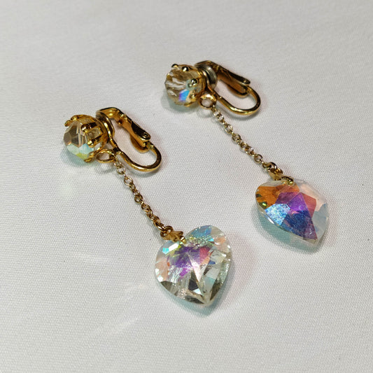 1950's Aurora Borealis Crystal Heart Dangle Clip Earrings