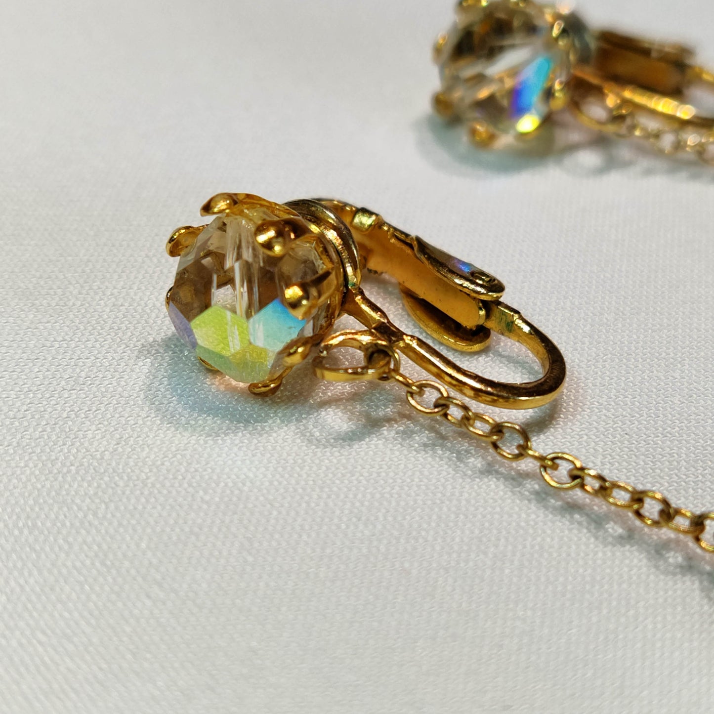 1950's Aurora Borealis Crystal Heart Dangle Clip Earrings