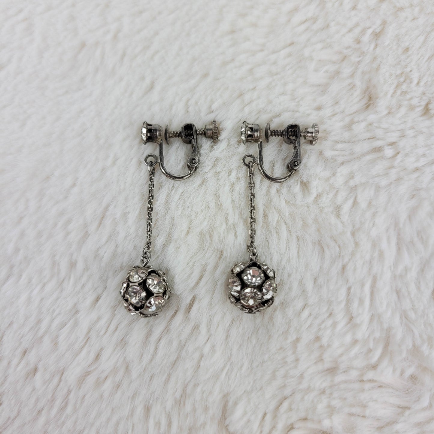 1940 Clear Rhinestone Ball Dangle Screwback Earrings