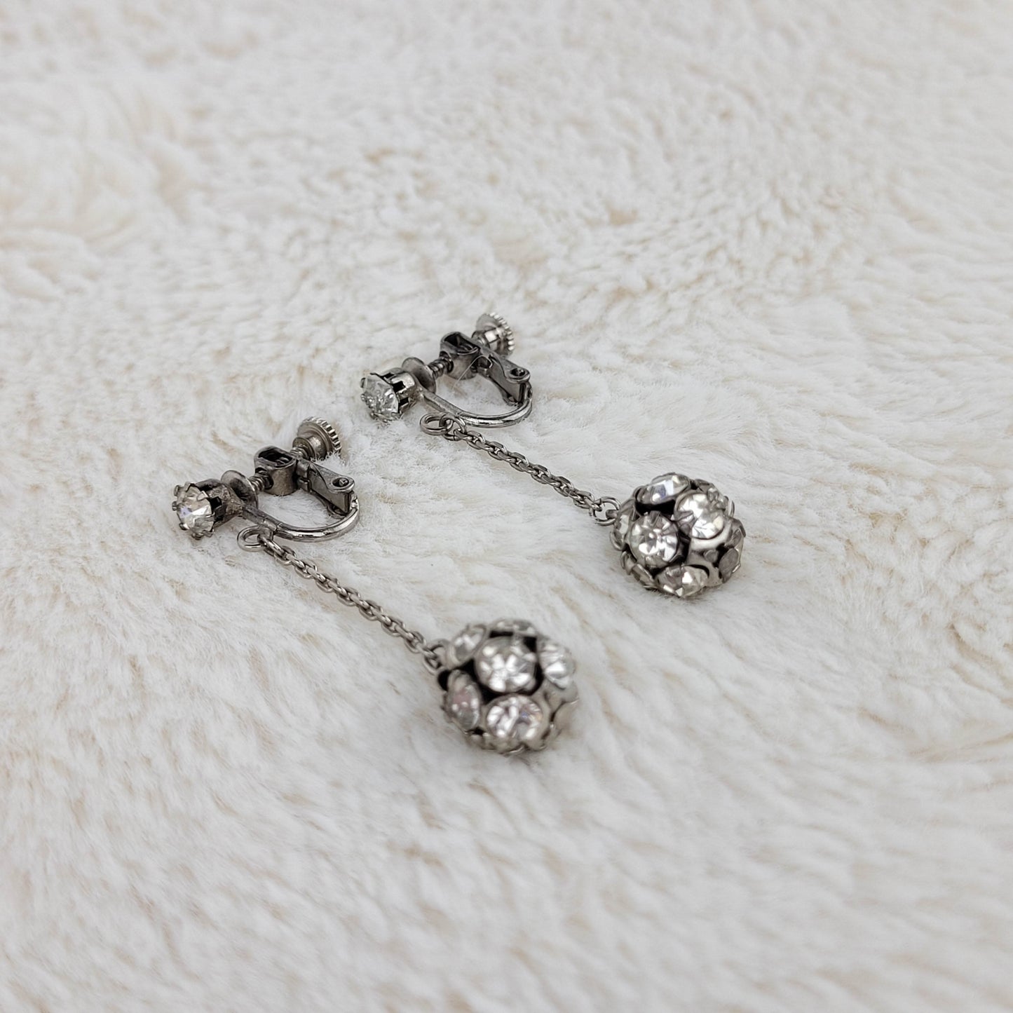 1940 Clear Rhinestone Ball Dangle Screwback Earrings