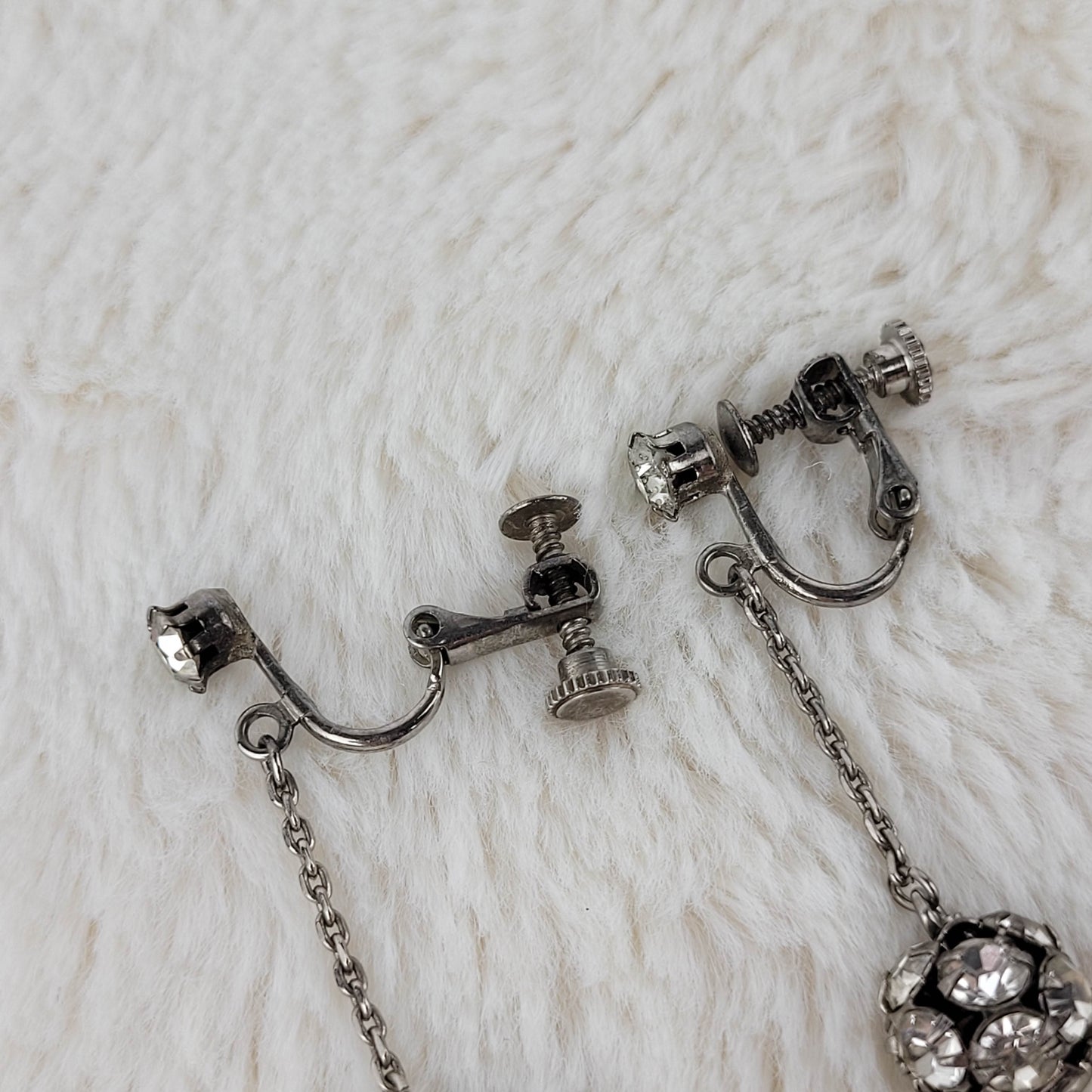 1940 Clear Rhinestone Ball Dangle Screwback Earrings