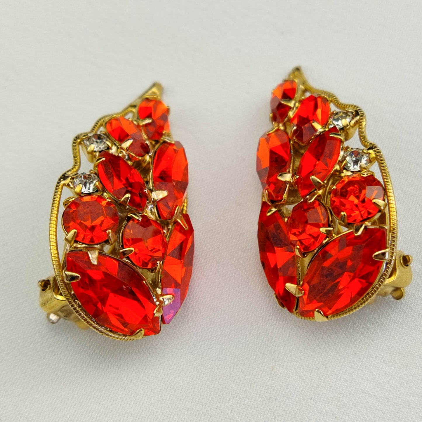 1950's Red Orange Rhinestone Clip Earrings by LaRoca