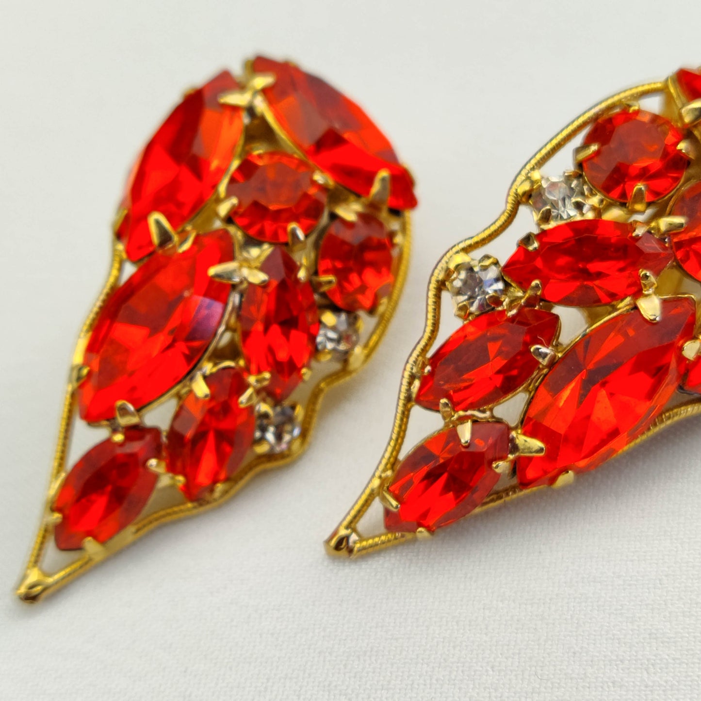 1950's Red Orange Rhinestone Clip Earrings by LaRoca