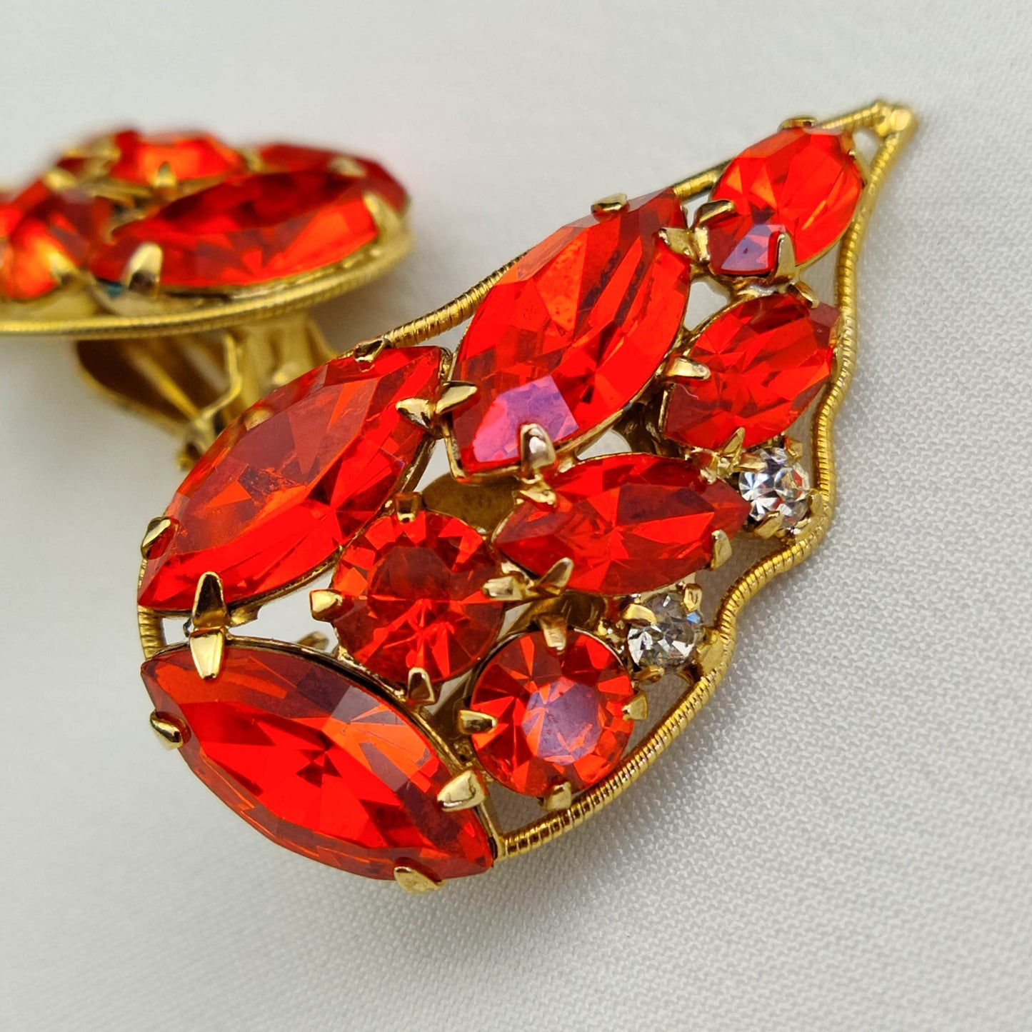 1950's Red Orange Rhinestone Clip Earrings by LaRoca